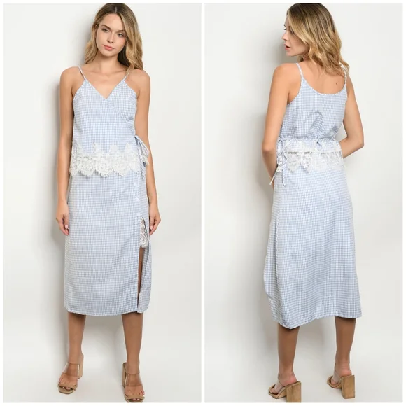 LAST ONE❗GILLI Blue Gingham 2-Piece Midi Skirt Set - Picture 2 of 3